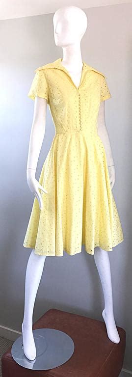 1950s Demi Couture Pale Yellow Eyelet Fit And Flare Short Sleeve Cotton