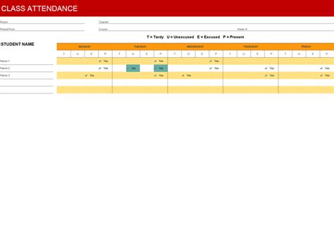 Excel Of Simple Red Class Attendancexlsx Wps Free Templates