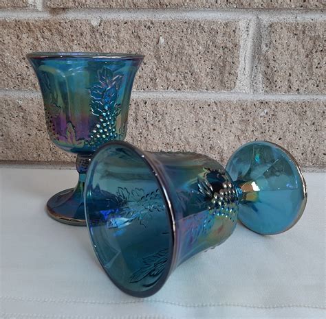 Blue Carnival Glass Goblets Indiana Glass Iridescent Blue Etsy Blue