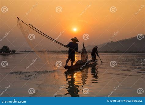 Sunset Fisherman Fishing Stock Photo Image Of Bright 73045650