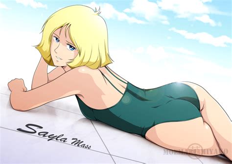 Moemaru Miyako Sayla Mass Gundam Mobile Suit Gundam 1girl Aqua One Piece Swimsuit Ass