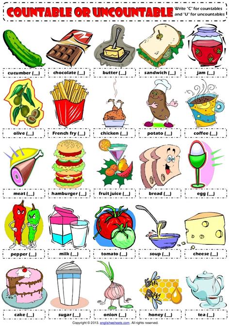 Countables And Uncountables Food Drinks Picture Worksheet 1