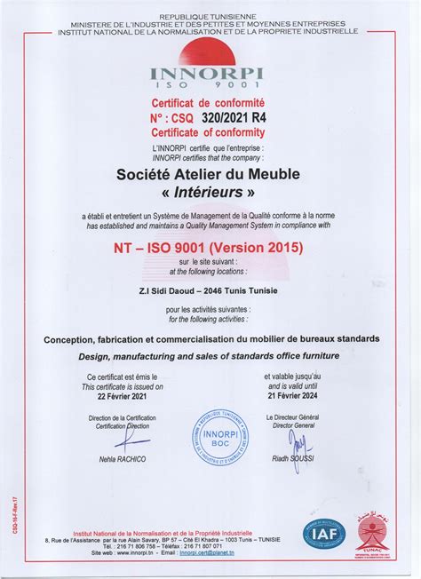 Certifiée Iso 9001 Version 2015 Interieurs