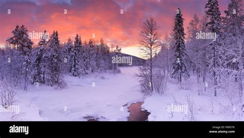 A Frozen River In A Wintry Landscape Photographed Near Levi In Finnish