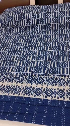Printed Indigo Blue Vintage Gudari Handmade Kantha Bedcover At Rs