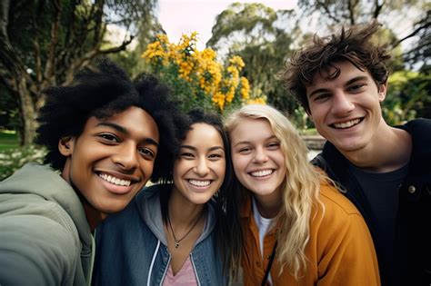 Premium Ai Image Multiracial Group Of Friends Taking Selfie In A Park