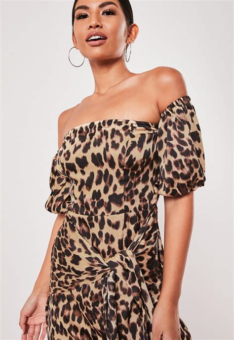 Brown Leopard Print Bardot Puff Sleeve Mini Dress Missguided Australia
