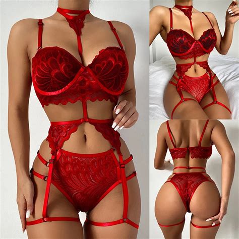 Sexy Lingerie Set For Women Lace Mesh See Through Hollow Out Garters Thong Push Up Bra
