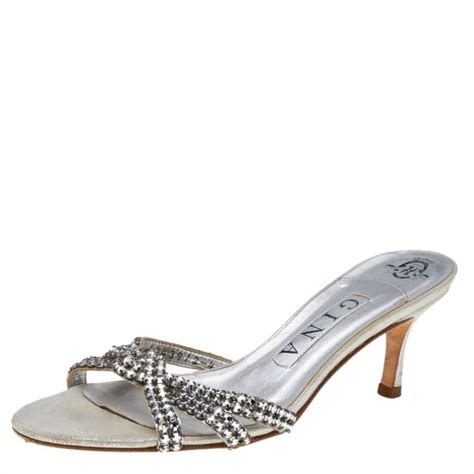 Gina Metallic Silver Leather Crystal Embellished Slide Sandals Size 37 Gina The Luxury Closet