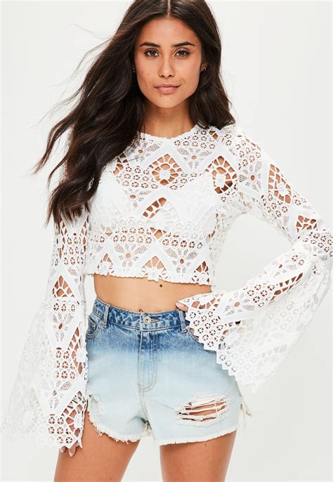 Missguided White Lace Flare Sleeve Crop Top Lyst