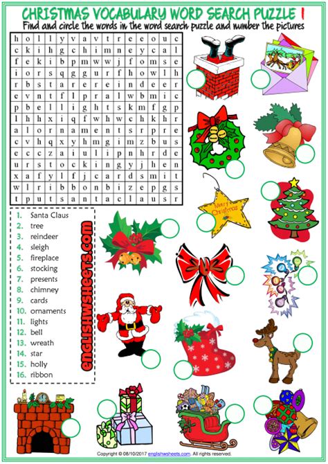 A fun write the words esl exercise worksheet for kids to study and practise christmas vocabulary. Christmas ESL Printable Word Search Puzzle Worksheets