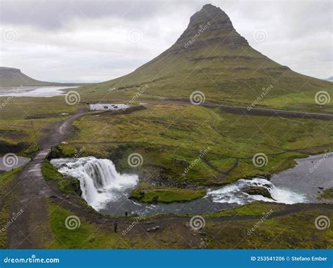 Drone View At Mount And Waterfall Of Kirkjufell At Grundarfjordur In