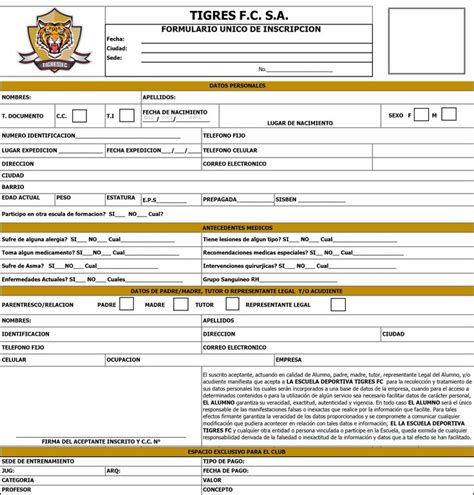 Formulario único De Inscripción Tigres Fútbol Club Formularios