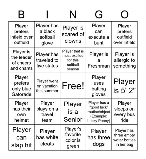 Softball Player Bingo Card