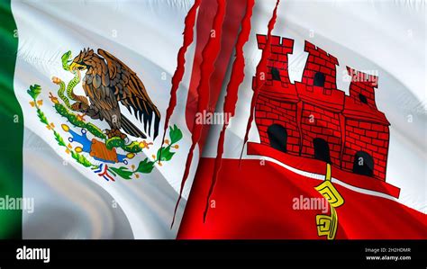 Mexico And Gibraltar Flags With Scar Concept Waving Flag3d Rendering