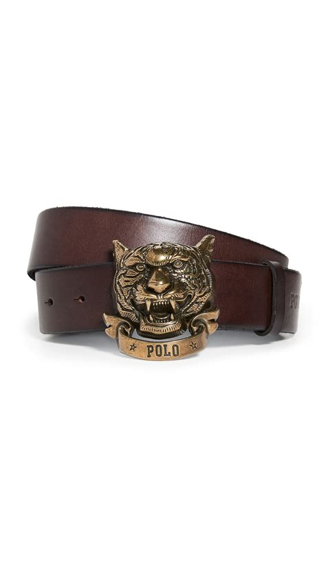 Polo Ralph Lauren Tiger Head Buckle Leather Belt In Brown Modesens