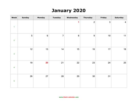 Download January 2020 Blank Calendar Horizontal