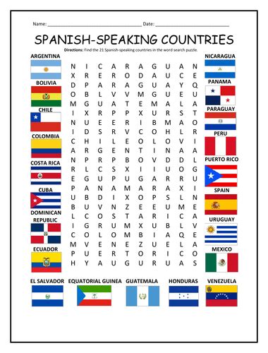Spanish Speaking Countries Word Search Puzzle Teaching Resources