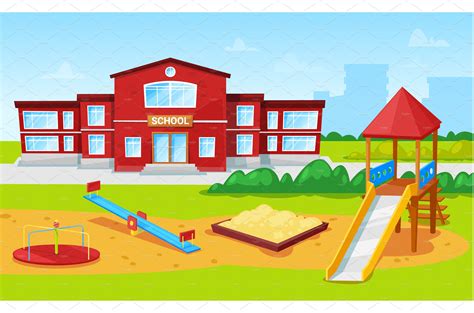 School Building And Yard Playground Education Illustrations