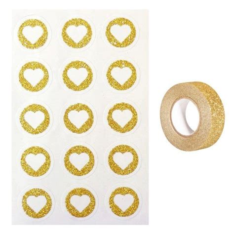 60 stickers ronds Ø 2 6 cm avec coeur doré à paillettes masking tape doré à paillettes 5 m