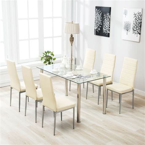 Check spelling or type a new query. 7 Piece Dining Table Set for 6 Chairs Clear Glass Metal ...