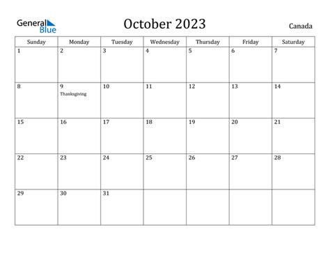 Canada October 2023 Calendar With Holidays