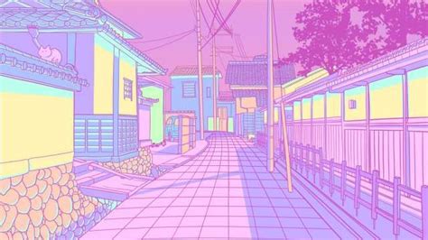 Pastel Japan Cats And Alleyways Illustrations Cute Laptop Wallpaper