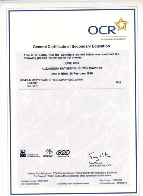 Ocr Gcse General Certificate Of Secondary Education Alexandra Kh