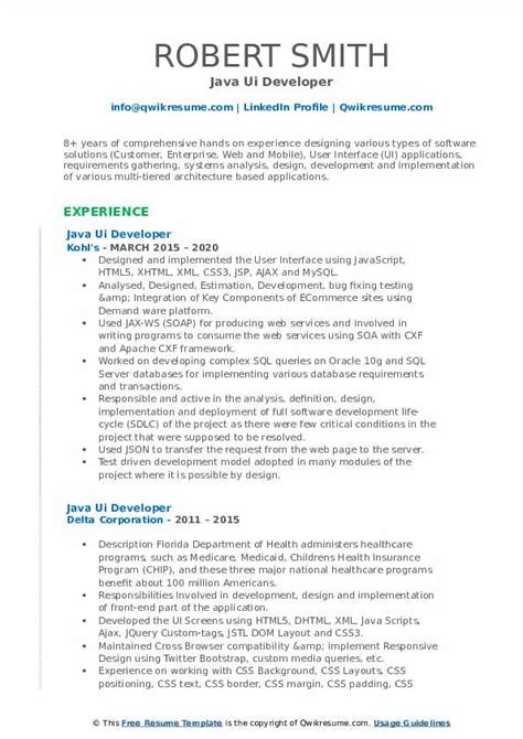 Welcome to service mix & camel! Java UI Developer Resume Samples | QwikResume