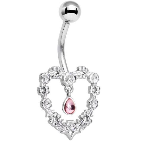 Pink Gem Dangle Floral Heart Belly Ring Purple Gems Pink Gem Purple Accents Navel Rings