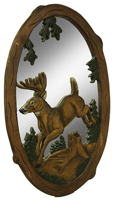 Jumping Deer Hand Crafted Intarsia Wood Art Wall Mirror 26 X 41 X 2
