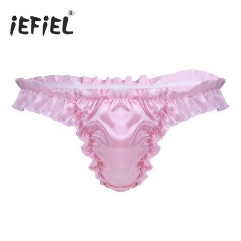 Iefiel Mens Shiny Ruffled Frilly T Back High Cut Open Butt Sissy