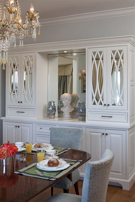 White buffet and hutch with framed glass doors and drawer. Inspired buffet hutch in Dining Room Traditional with ...