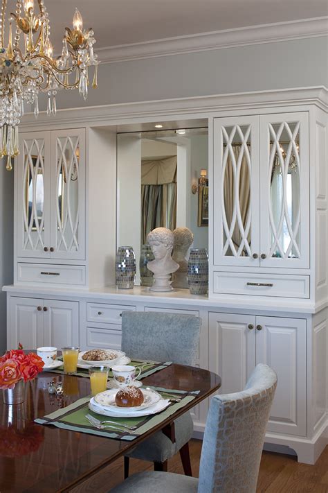 Hand painted in white, dark stain maple top black hardwire, glass. Inspired buffet hutch in Dining Room Traditional with ...