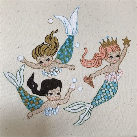 Mermaid Embroidery Design Vintage Three Mermaids Machine Embroidery