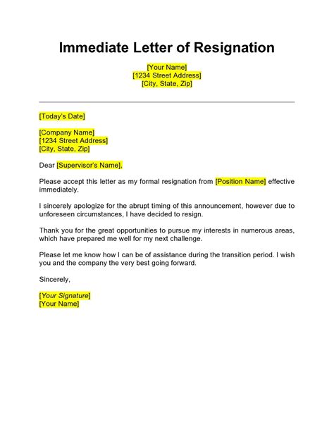 Template Of A Resignation Letter With Immediate Effect