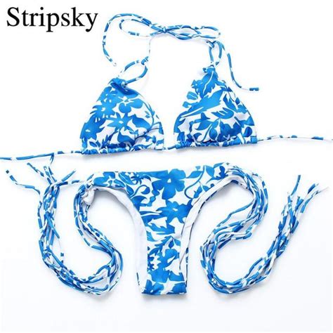 Stripsky Print Flower Swimsuit Bandage Bathing Suit Halter Top Bikini Sexy Women Brazilian