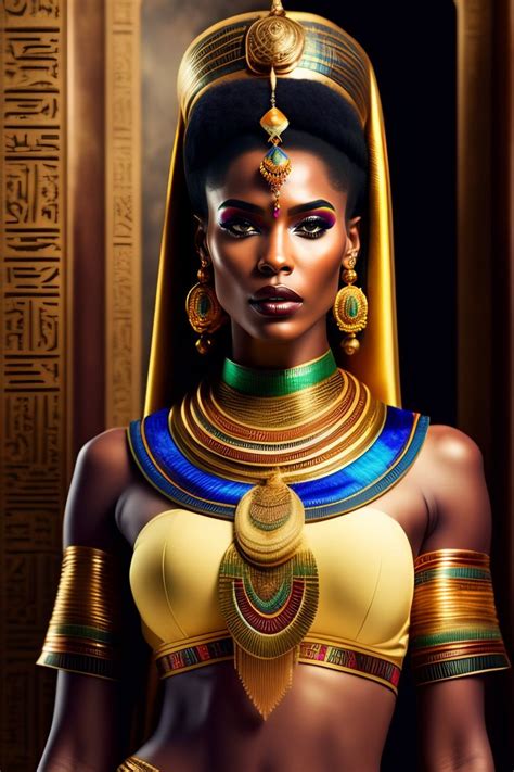 An Egyptian Woman Wearing Gold And Blue Jewelry With Her Headpiece In The Shape Of A Pharaoh