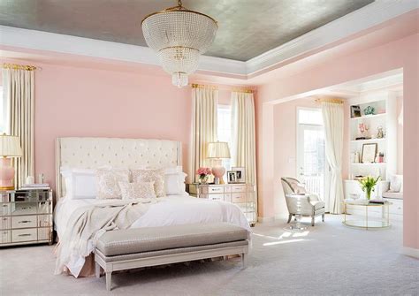 Grey bedroom furniture for small space, title: Cream and Pink Bedroom with Mirror Nightstands ...