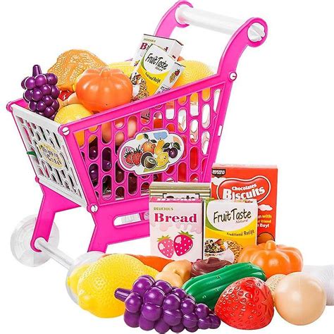 Children Role Play Supermarket Toy Shopping Cart Trolley With Fruits And