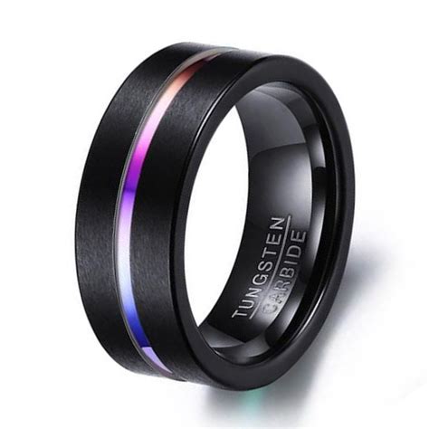 8mm Mens Black Tungsten Carbide Wedding Ring With Rainbow Comfort Fit