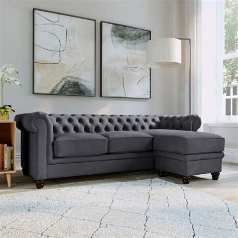 Hampton Chesterfield L Shape Corner Sofa Slate Grey Classic Plush