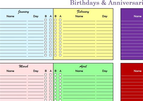 birthdays anniversaries chart  excel templates