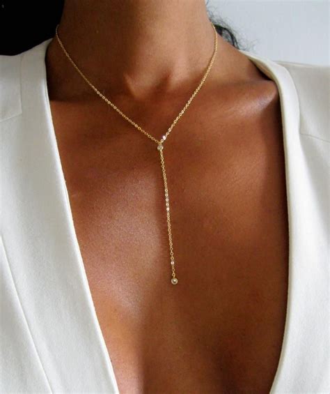 Cz Diamond K Gold Lariat Y Necklace Pearl Drop Cz Option Etsy Australia Gold Necklace