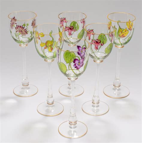 Antique Theresienthal Art Nouveau Painted Enameled Tall Wine Glass Set Ebay Wijnfleswerkjes