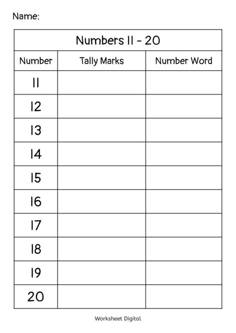 Numbers 1 20 Number Words And Tally Marks Printable Worksheet