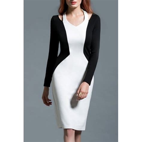 Charming V Neck Long Sleeve Black And White Spliced Cut Out Dress For