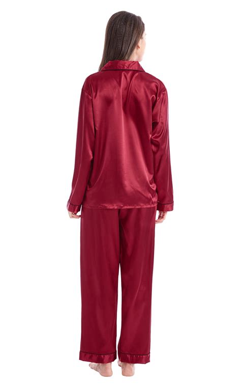 Womens Silk Satin Pajama Set Long Sleeve Burgundy With Black Piping