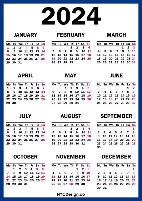 2024 Calendar With Us Holidays Printable Free Blue Red Monday