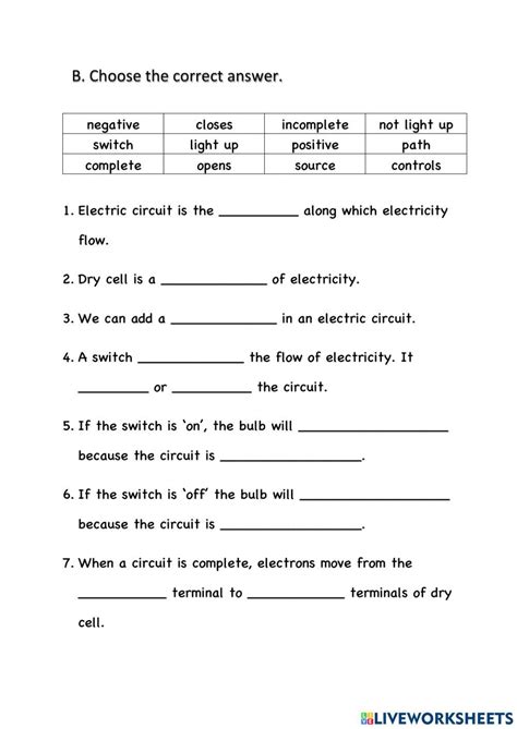 An Electric Circuit Worksheet With The Words B Choose The Correct